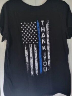 Thin Blue Line American Flag Thank You Shirt Womens 2XL Black Graphic Tee